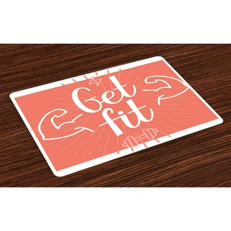 Fitness Placemats Set of 4 Get It Lettering with Bodybuilder Man Arms Biceps Figure Be Strong Achievement, Washable Fabric Place Mats for Dining Room Kitchen Table Decor,Coral and White, by