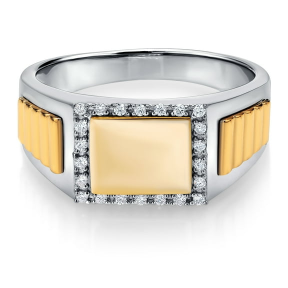 Gem Stone King White Lab Grown Diamond Ring for Men | 925 Silver and 10K Yellow Gold | 0.15 Cttw | 9.5MM Width | Size 7