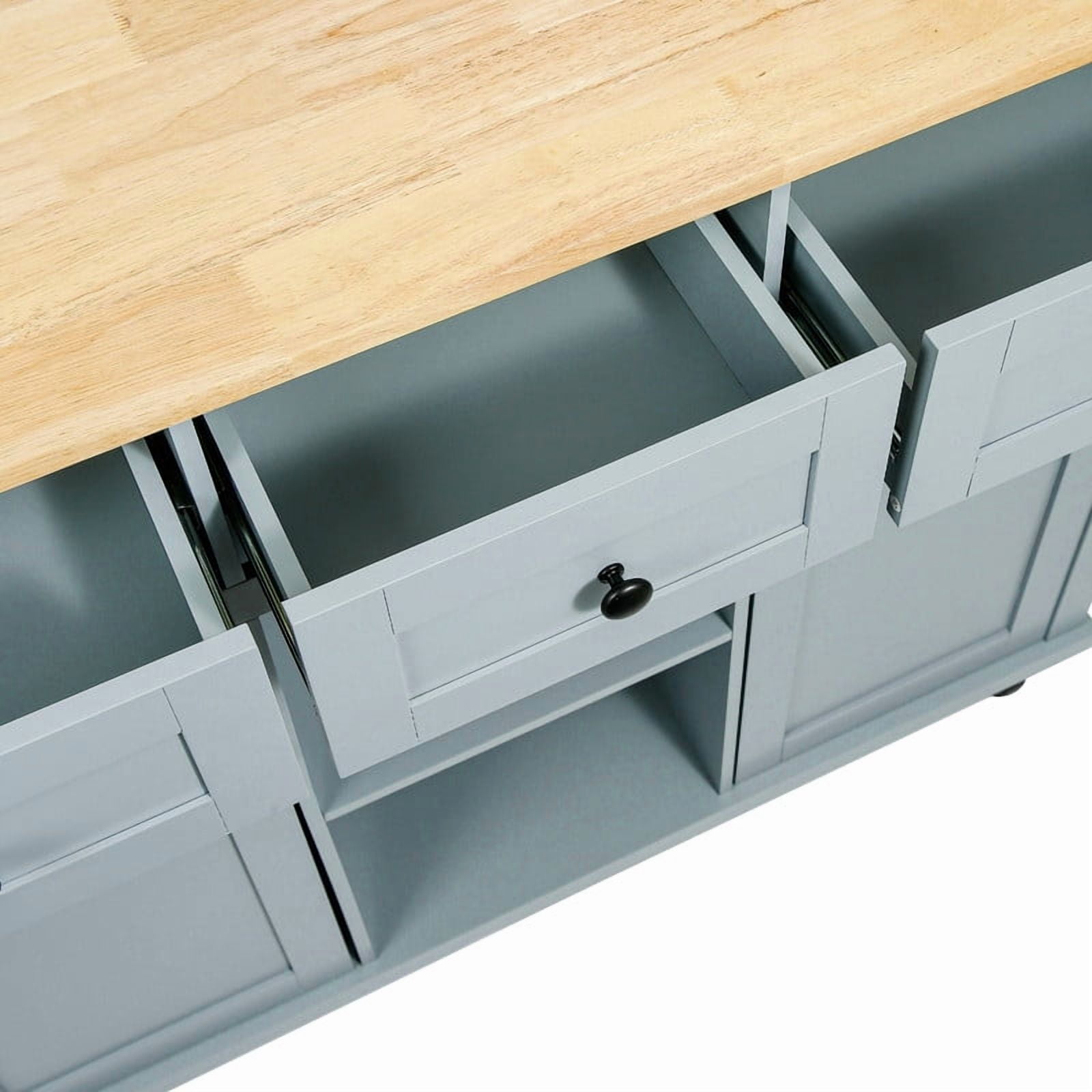 HICOMILA Kitchen Island Cart with Drop Leaf, Rolling Kitchen Island on Wheels with Storage Cabinet, Rubber Wood Countertop, 5 Drawers & Cabinet Door Storage Racks, Blue