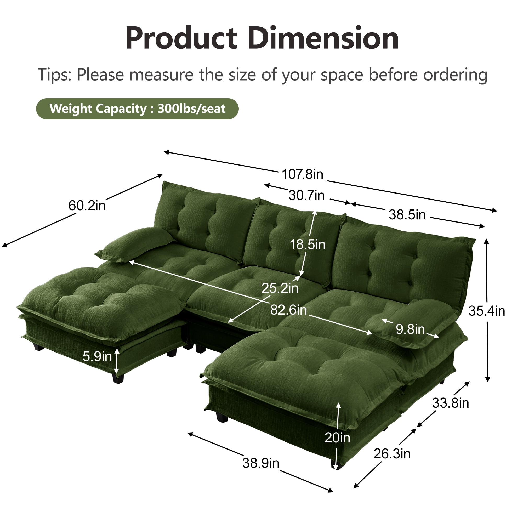 AISWORD 107" U-Shaped Modular Sectional Cloud Sofa with 2 Ottomans, Chenille Fabric Deep Seat Couch with Lattice Decored Cushions