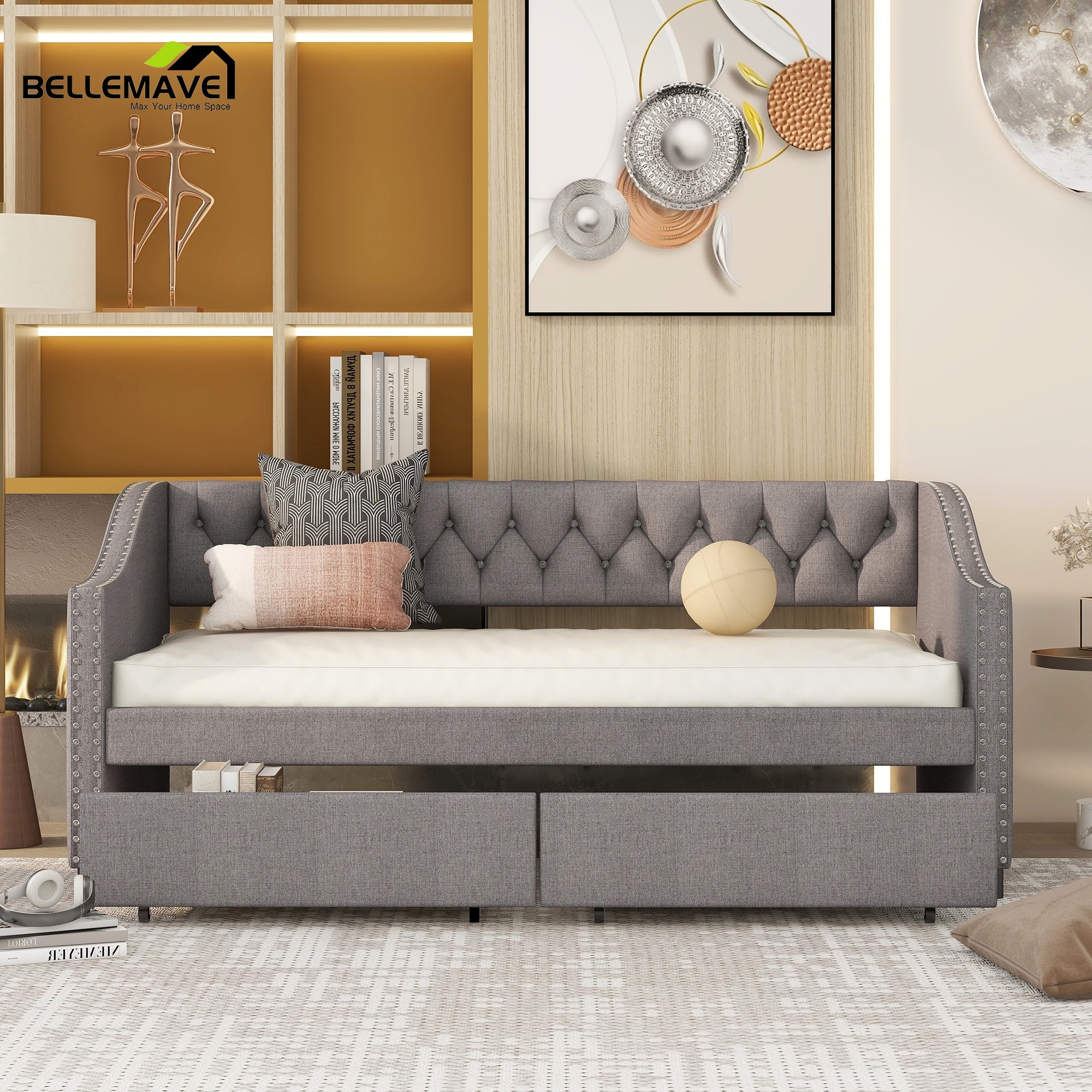 Bellemave Upholstered Twin Daybed with Storage Drawers, Tufted Sofa Bed