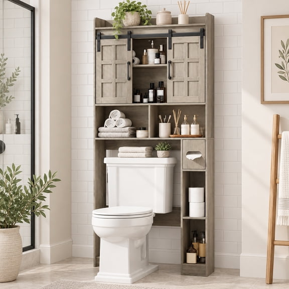Over The Toilet Storage Cabinet, Farmhouse Bathroom Organizer with Sliding Doors and Adjustable Shelf, Space-Saving Toilet Rack, Gray