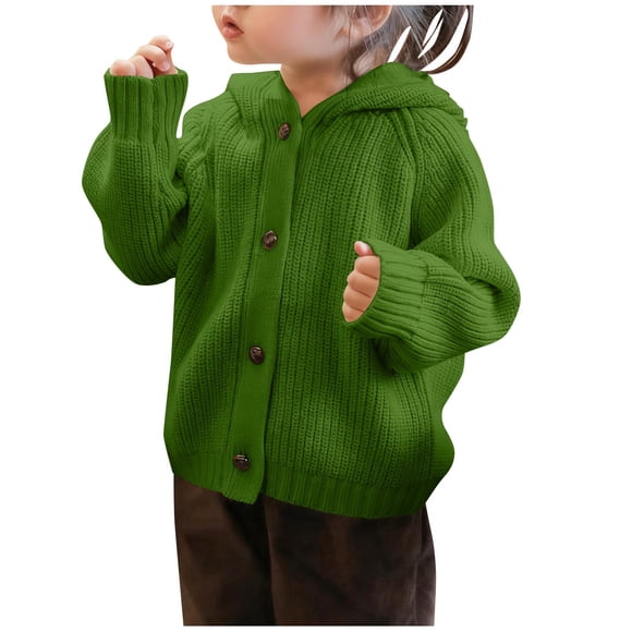 Cardigan à Capuchon pour Filles, Tricot Épais, Chandails Ouverts à l'Avant, Manches Longues, Chandail en Coton à Boutons, Vert, 8 A