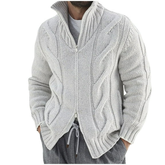 Stand Collar Sweater for Men Winter Chunky Knitted Long Sleeve Cardigan Sweaters with Two-Way Zipper Gray XL