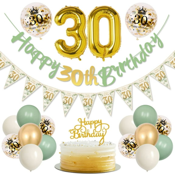 YANSION Sage Green 30th Birthday Party Decorations, Happy 30th Birthday Pennant Banner, Metallic Gold Sequin Sage Green Beige Balloons Number 30 Balloon for Party Birthday Decorations