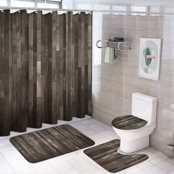 Brown Gray Wood Grain 4Pcs Shower Curtain Set with Rugs with Non-Slip Rugs Toilet Lid Cover And Bath Mat Brown Wood Texture Waterproof Shower Curtain for Bathroom Decor