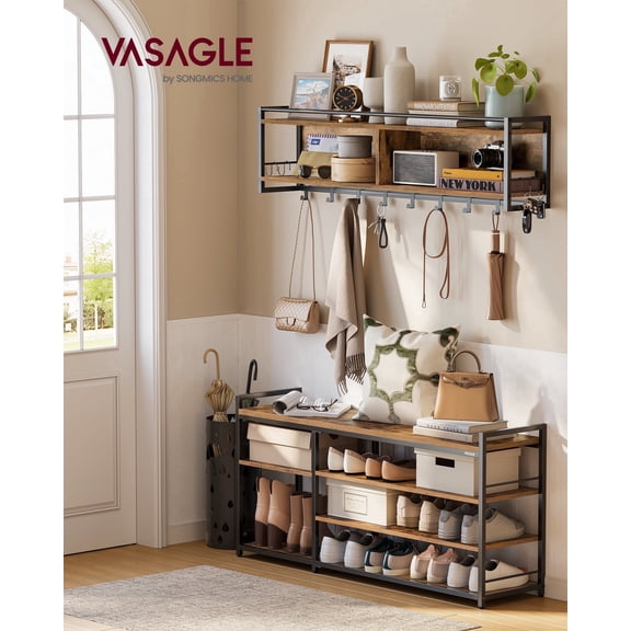 VASAGLE Hall Tree with Shoe Bench, Coat Rack Shoe Bench Set, Entryway Furniture, Multifunctional, 12 Metal Hooks, 4-Tier Shoe Rack, for Entryway, Bedroom, Rustic Brown