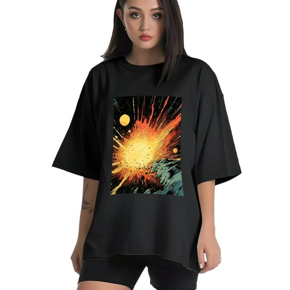 Plus Size Shirt for Women Black Tops for Women Short Sleeves Shirt for Women Explosion In Space T Shirt Crewneck Shirt for Women XS