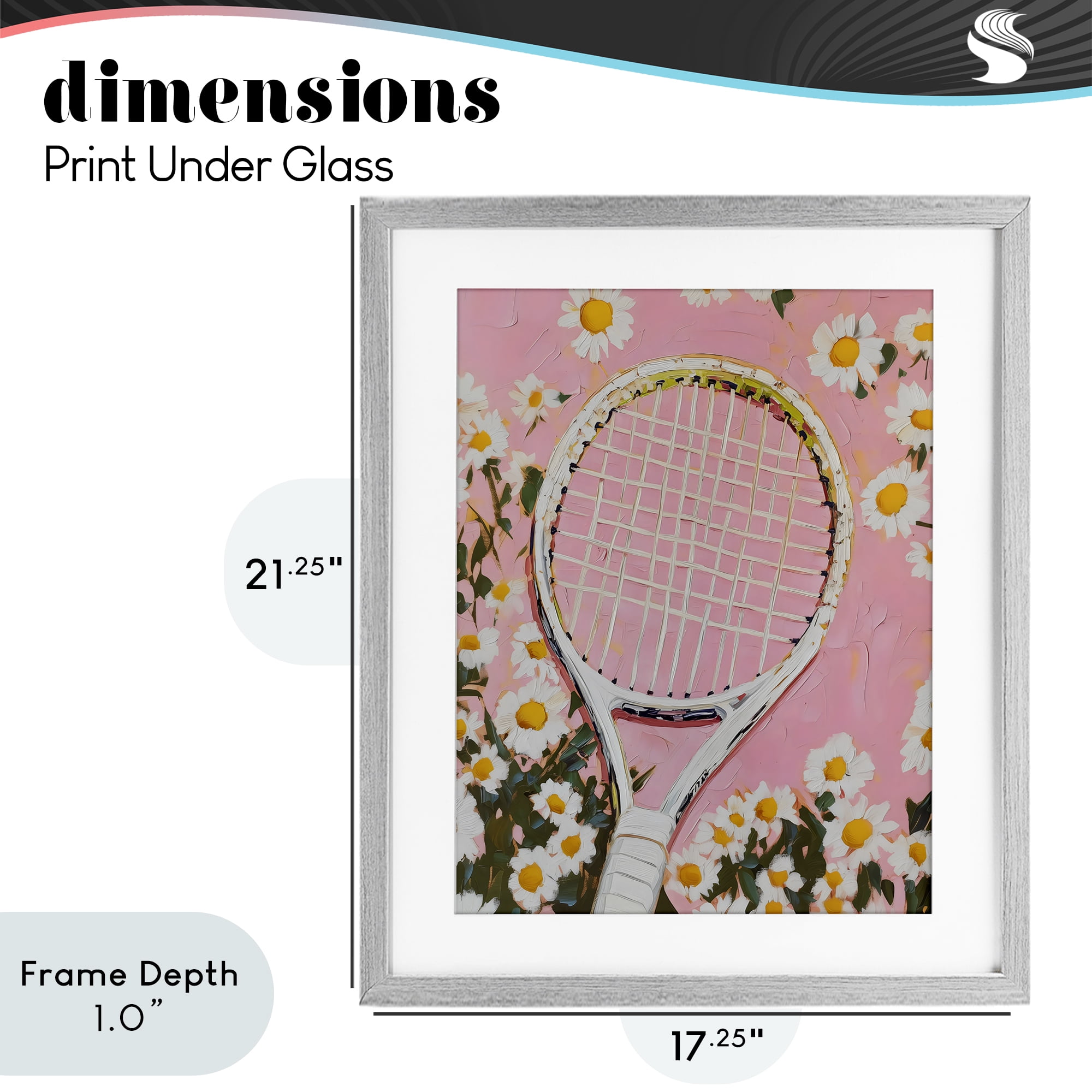 Stupell Industries Pink Tennis Racket & Daisies Gray Framed Print Under Glass, design by LSR Design Studio