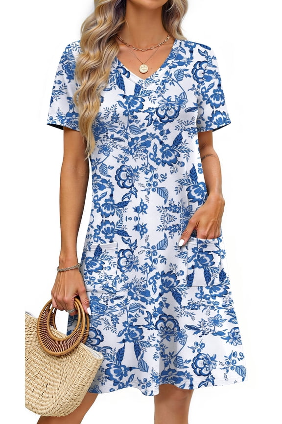 Summer Dresses for Women V Neck Short Sleeve Casual T Shirt Dress Beach Sundresses with Pockets
