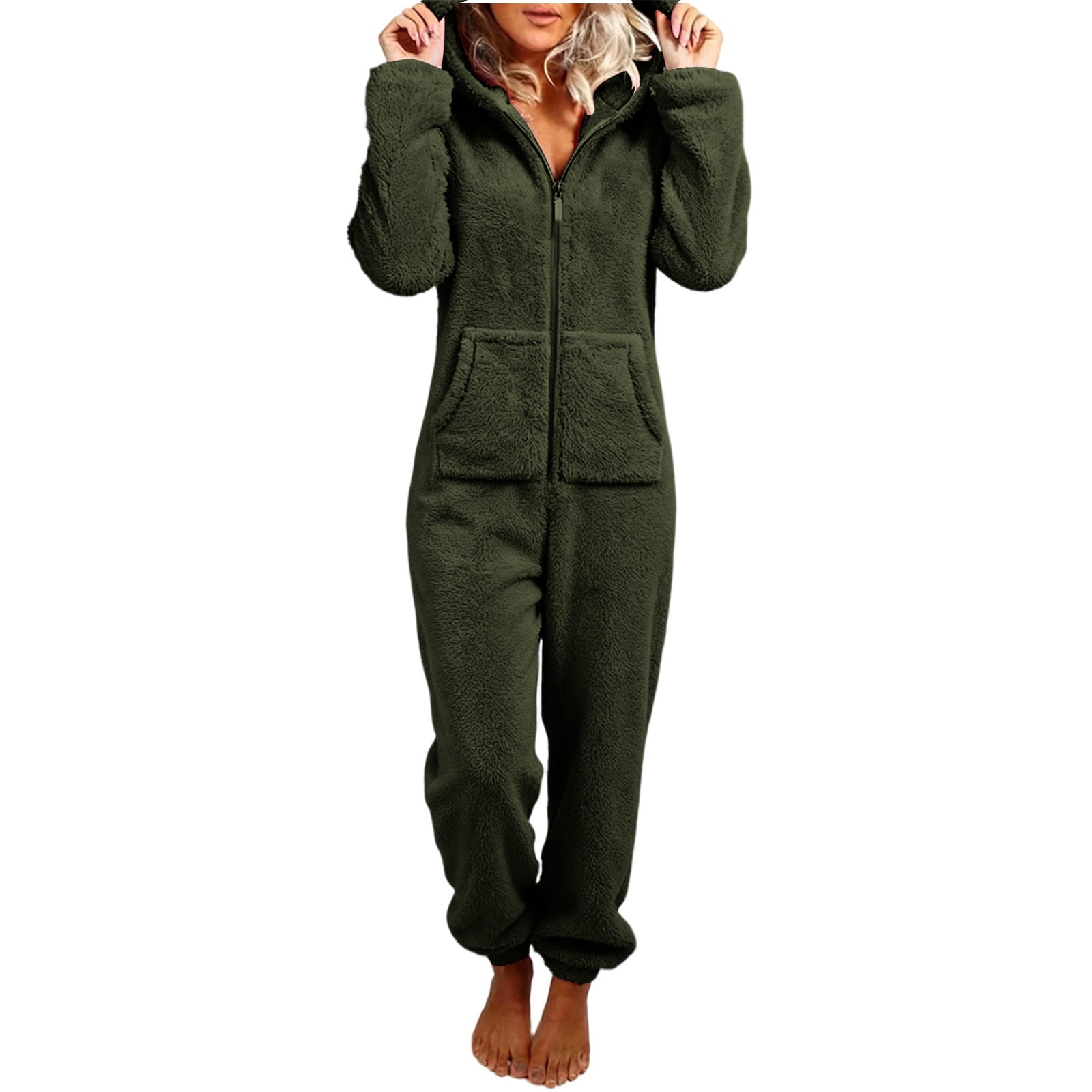 Xdegoge Womens Onesie Pajamas Plus Size Lounge Fleece Cute Hooded Zip Up Jumpsuit with Pockets Cozy Onesies Winter Sleepwear Long Sleeve One Piece Outfits