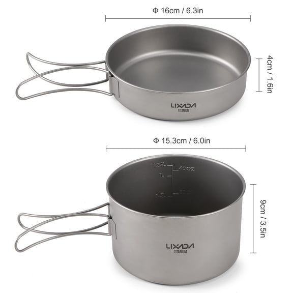 M Buder 2-Piece Titanium Camping Cookware Set, Lightweight Pot and Pan Kit with Foldable Handles & Mesh Carry Bag, Ideal Cooking Gear for Backpacking, Hiking, and Outdoor Activities (17 cm / 6.69 in)