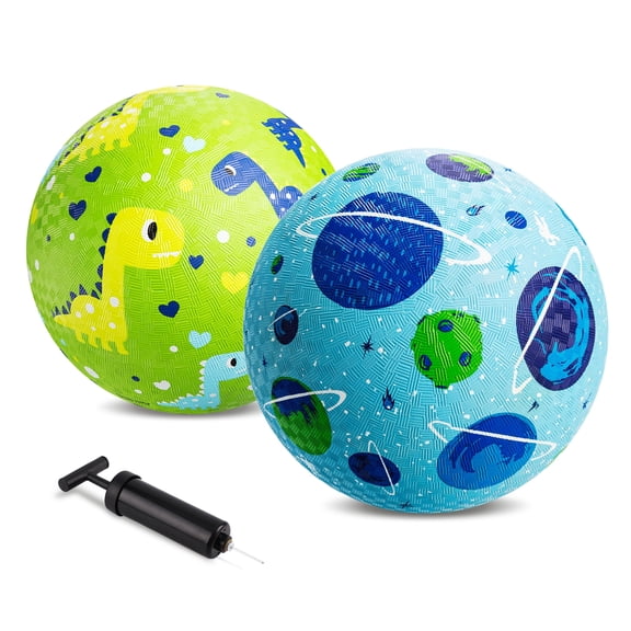 PLAYZAP 2-Pack Dinosaurs & Planet Playground Balls with Pump – 8.5" Inflatable Kickball for Kids 3-10, Non-Slip Rubber Bouncy Balls for Indoor/Outdoor Games – Gift for Boys Girls