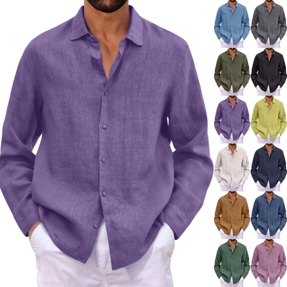 Mens Cotton Linen Shirts Long Sleeve Beach Henley Button Down Shirts Casual Lightweight V Neck Loose Shirts,Purple 5XL