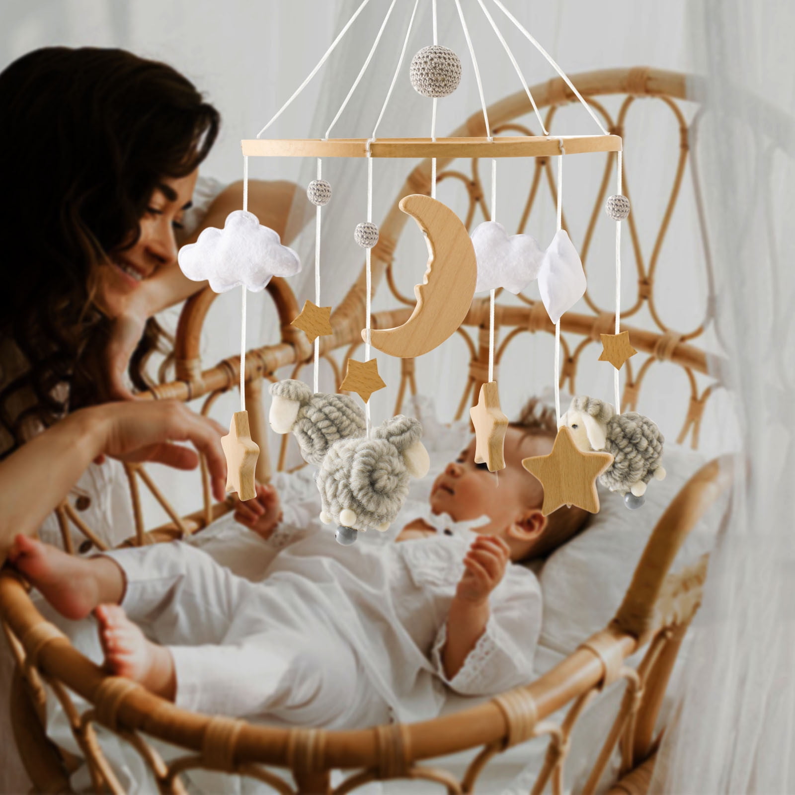 Baby Crib Mobile, Gaqring Handmade Wooden Felt Mobile for Newborns, Natural Bamboo Fiber Hanging Wind Chime Bed Decor Safe Soft Nursery Gift, Gray