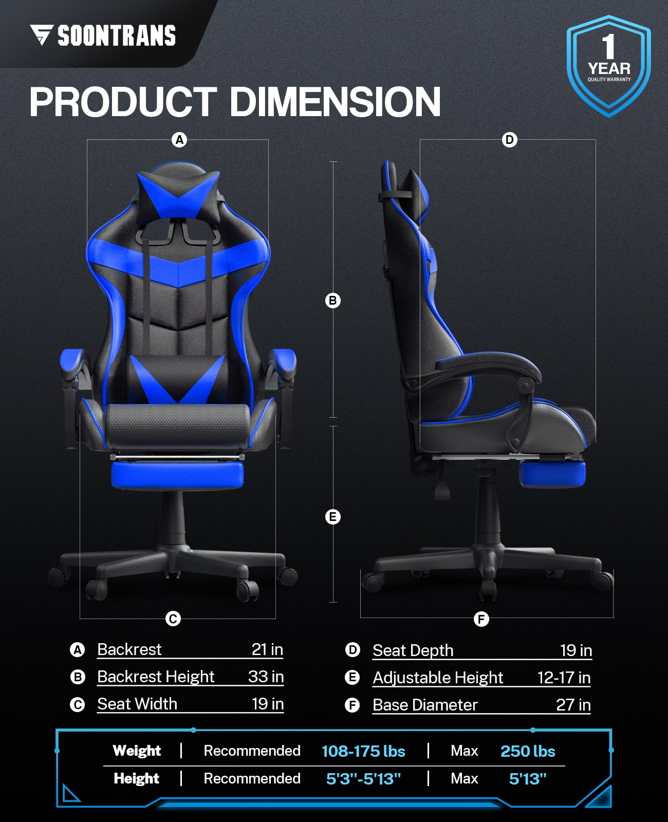 SOONTRANS Gaming Chair with Massage, Blue photo 8