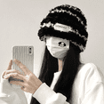 thumbnail image 4 of Gorro de lana para mujer, de invierno, tejido a rayas, con aspecto de cara, de felpa, cálido, grueso, con gran circunferencia de la cabeza, protección para las orejas, gorro de pelo, 4 of 5