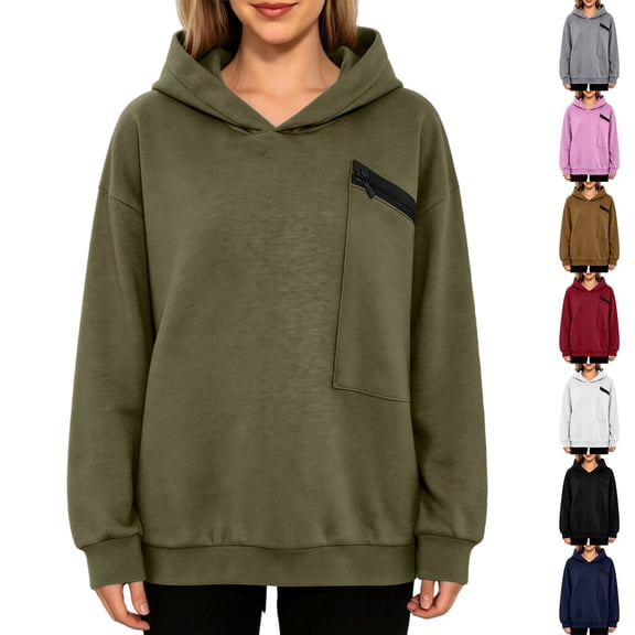 Tqcoqu Women's Hooded Sweatshirt with Zip Chest Pocket,Drop Shoulder Long Sleeve Casual Pullover Tops,2026 Fall Winter Trendy Clothes,Army Green Women's S-XXXL