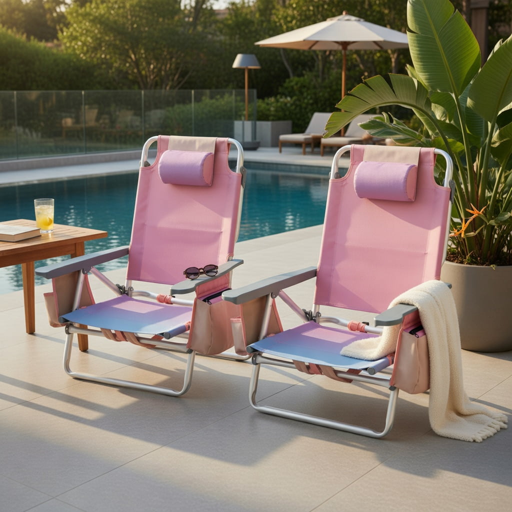 Hommoo 2-Pack Foldable Beach Chair with Adjustable Backrest, Pillow & Carry Bag, Pink