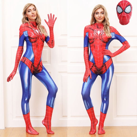 Women Halloween Costume Brand New Day Hero Pattern Full Bodysuit Superhero Classic Red Blue Spider Suit for Halloween Role Play Show Red 150