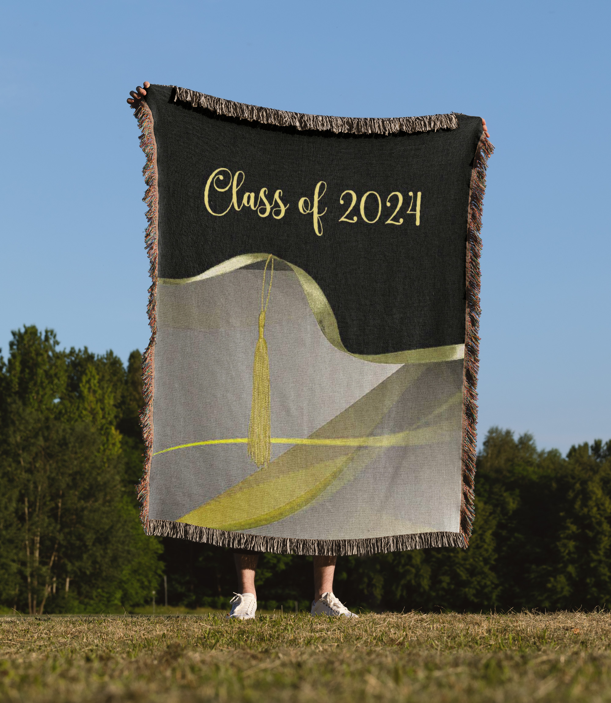 Image Of Graceful Yellow Gold Abstract, Tassel Ribbon, Class Of 2024, Woven Blanket