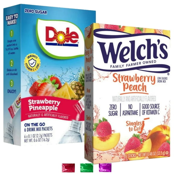 Dole Strawberry Pineapple & Welch's Strawberry Peach Zero Sugar Drink Mix Packets, 2 Boxes 12 Total Servings, On the Go Refreshment with Snoep in Beperkte Oplage