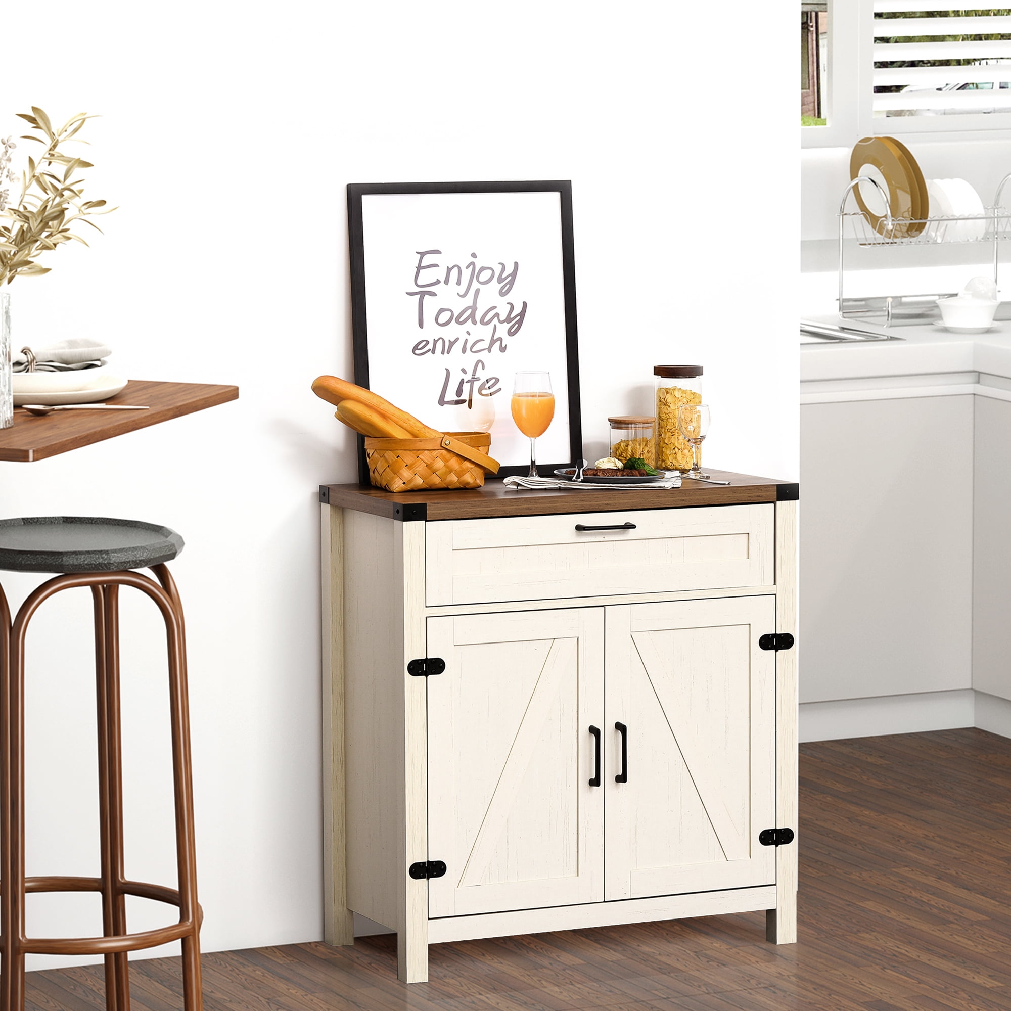HOQBN Farmhouse Sideboard Buffet Cabinet, Storage Buffet with 2 Barn Doors and Functional Drawer, Multipurpose Furniture for Dining Room Kitchen and Living Room, White