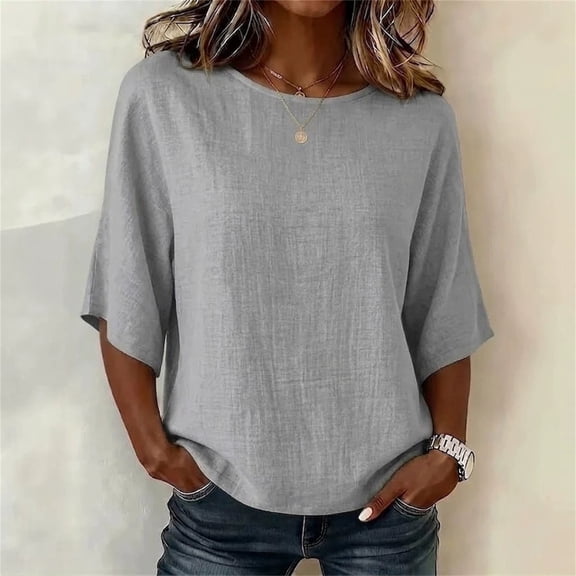 Dxzfnsa Womens Summer Tops Women's Casual Solid Color Cotton Linen T-Shirts Short Sleeve Oversized Scoop Neck Loose Tees Lightweight Trendy Blouses