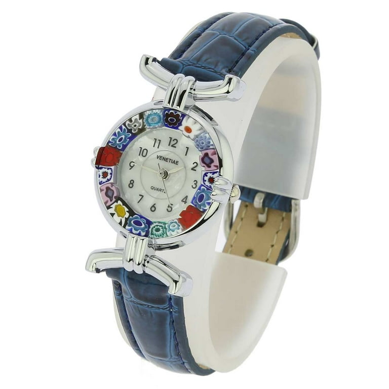 Murano Glass Millefiori Watch with Leather Band - Blue Murano Glass Millefiori Watch with Leather Band - Blue