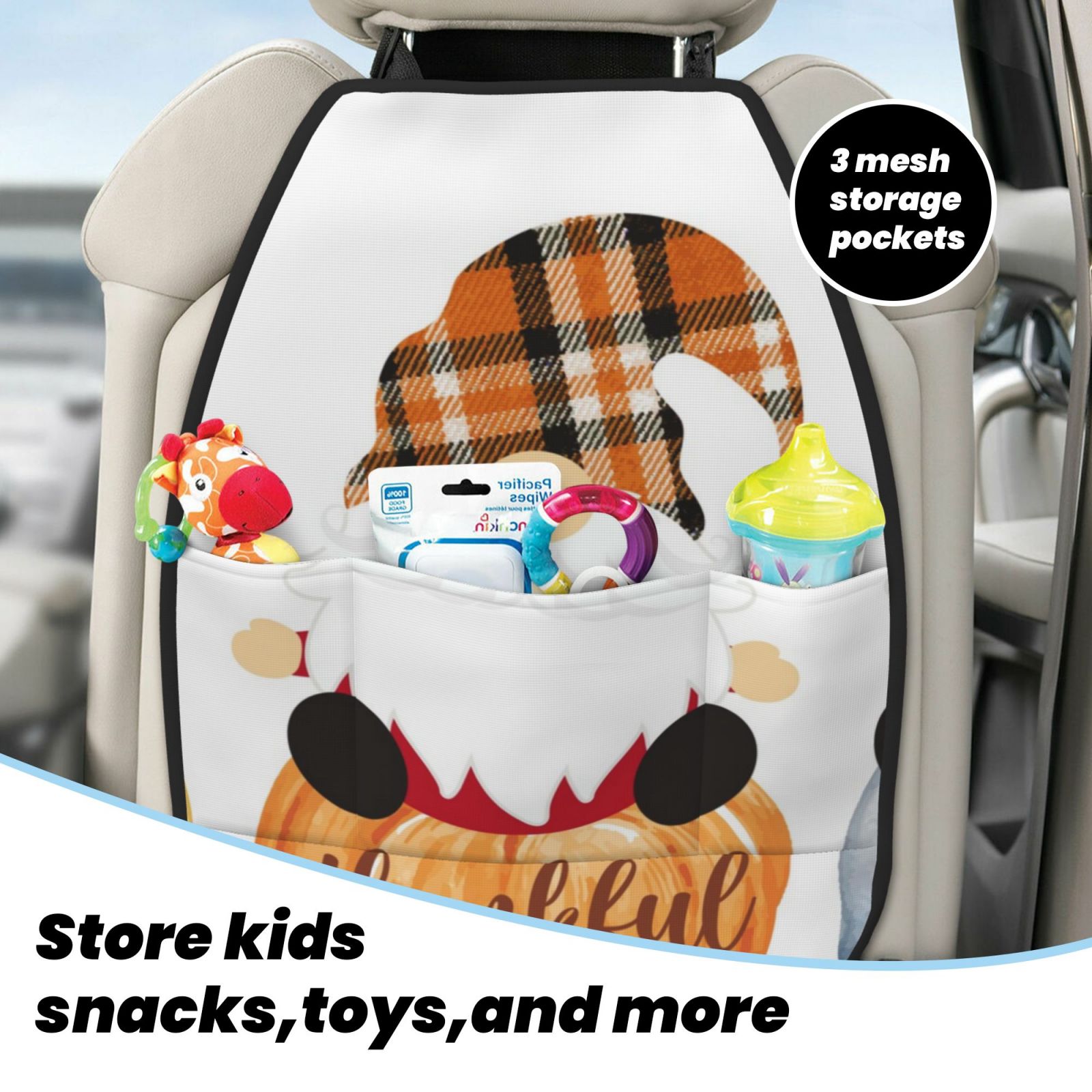 Kdxio Autumn Gnomes-1 Print 2 Pack Car Kick Mat Seat Cover Back Protector Mat with Pockets for Organizer Backseat Protector and Storage Anti Kick Pad for Vehicles