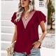 thumbnail image 3 of Camisa de manga corta para mujer, cuello en V profundo, empalme de encaje con volantes, Color puro, informal, suelta, Top de manga corta para mujer para verano, rojo vino M, 3 of 8