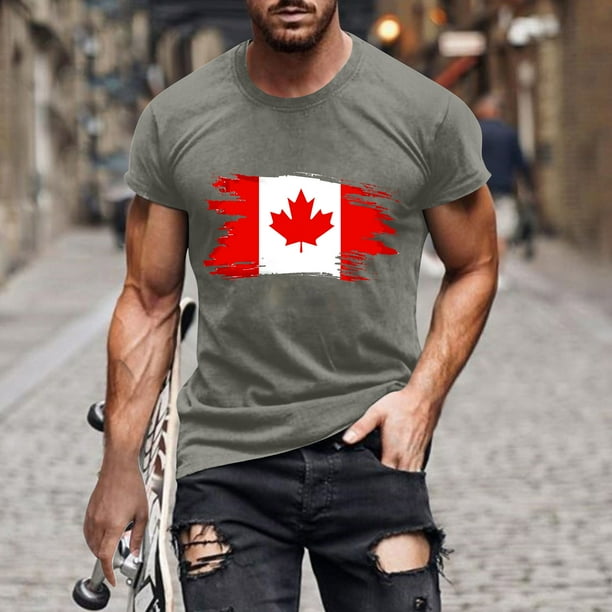 Tops para hombre, blusas y camisas de cuello redondo y manga corta para hombre. Camiseta de cuello redondo y manga corta con estampado de bandera canadiense para hombre. Blusa de algodón y poliéster p