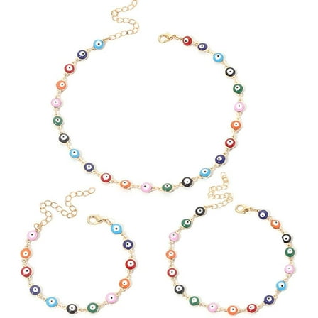Boho Colorful Evil Eye Choker Necklace Bracelet Anklet Set Turkish Protect Lucky Jewelry for Women Men Bohemia Adjustable Protection Round Beaded Cute Amulet Gifts