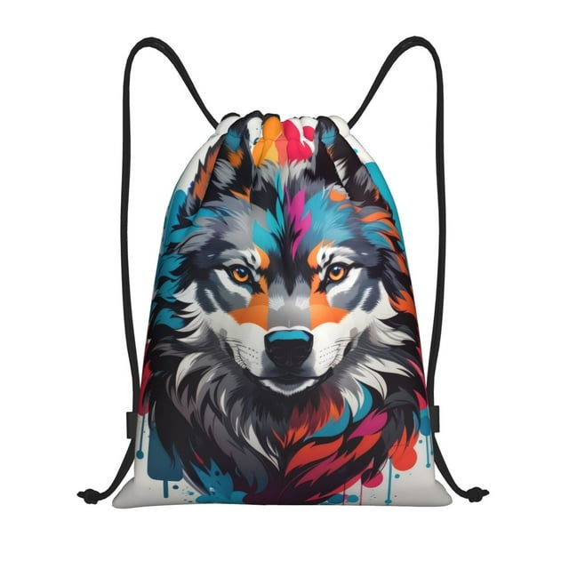 Xecao Tie-Dye Wolf Head Pattern Sports Drawstring Backpack - String Swim Gym Bag with Wet Proof Pocket for Women&Men-Medium