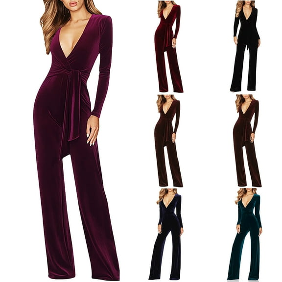 safuny Women's Slim Elegant Velvet Jumpsuits Wide Leg Pants Teen Long Sleeve V Neck Trendy Trousers Casual Wedding Party Girls Holiday Solid Color Black S