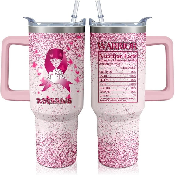 40oz Breast Cancer Awareness Tumbler with Handle and straw for Women, Pink Ribbon Stainless Steel Insulated Cup, Coffee Mug Water Bottle,Gift for Patients Survivor
