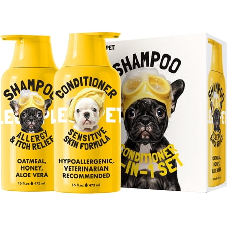 Oatmeal Dog Shampoo & Conditioner with Honey & Aloe – Gentle Formula for Sensitive Skin – Helps Maintain Skin Comfort & Coat Care – Safe for Puppies – 2 x 16 oz