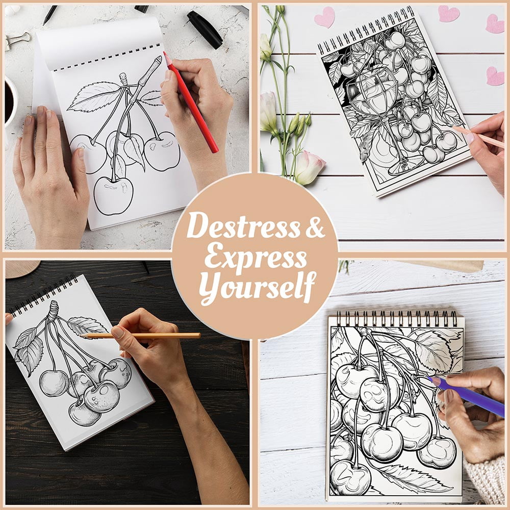 Netecom Cherry Coloring Book for Adults, A5 Wooden Cover, 30 Sweet and Juicy Pages of Cherry Coloring Pages for Stress Relief and Relaxation, Spiral Bound Edition