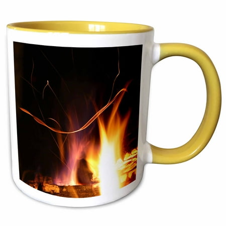Photograph Of Flickering Flames From A Fire In An Outdoor Fireplace., 15oz Two-Tone Yellow Mug