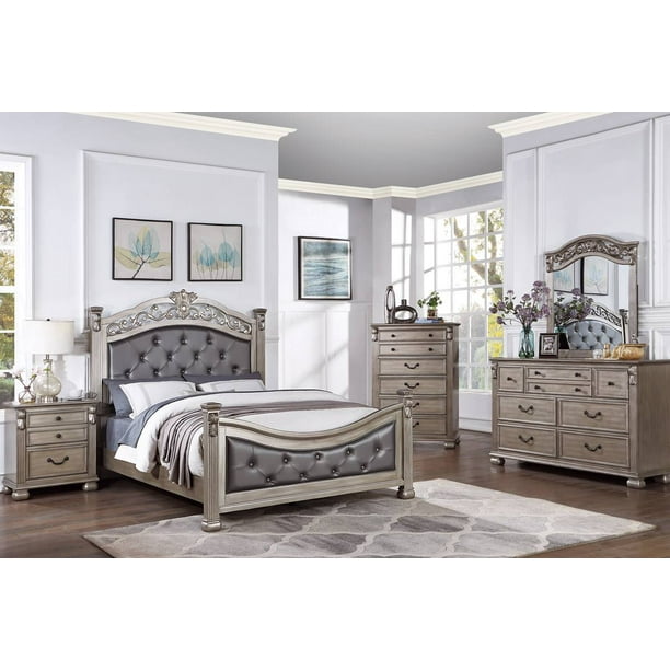 Cal King Size Bed Antique Formal Fabric Tufted Hb Fb 2x Nightstands 3pc Set Grey Finish Posts Bedroom Furniture Com Cal King Size Bed Antique Formal Fabric, Cal King Bedroom Furniture Sets White