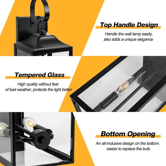 19" Black Outdoor Wall Lantern 2-Light, Large Outside Modern Porch Sconce Light Fixture, Industrial Porch Light Wall Mount with Glass, Waterproof Farmhouse Exterior Lamp Lighting (1 Pack)