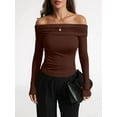 thumbnail image 4 of Women'S Off Shoulder Tops Dressy Casual Slim Fit Long Sleeves Spring Fall Blouse Going Out Shirt Coffee Color L, 4 of 8