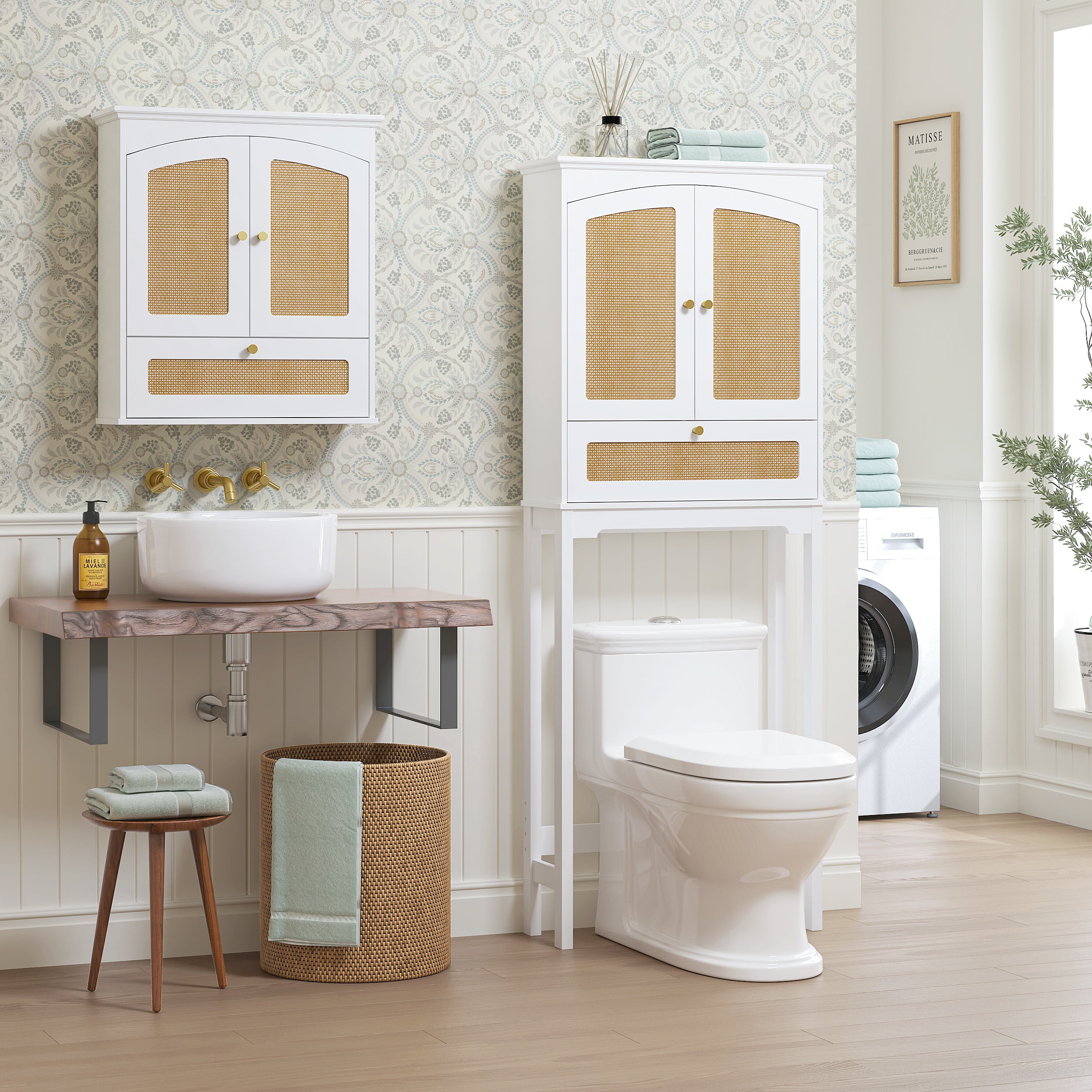 STAROUS Rattan Over Toilet Cabinet:  Bathroom Storage with Tilt-Out Cube & Adjustable Shelf