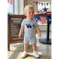 thumbnail image 6 of BemeyourBBs Toddler Baby Boy 4th of July Outfit Patriot Independent Day Summer Clothes Stars in Digger Embroidery Waffled Stripe Short Sleeve T-Shirts and Elastic Waist Pocket Shorts 2Pcs Set, 6 of 9