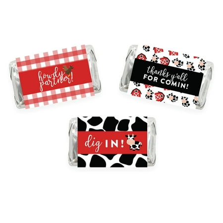 Barnyard Favor - Red Farmhouse Barnyard Birthday, Chocolate Minis Labels, Fits Hershey's Miniatures Party Favors, 36-pack