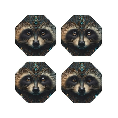 

Fuzoiu Tribal Style Raccoon Print Leather Coasters Set Drink Coasters Set of 4 for Tabletop Protection Durable PVC Coasters Home Décor and Housewarming Gift-Octagon