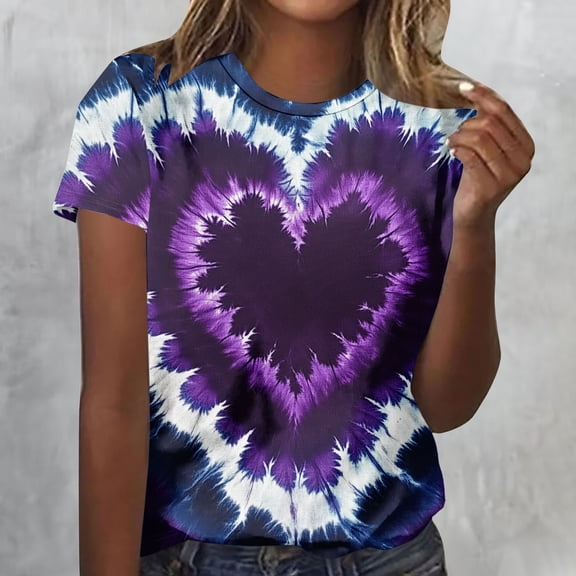 Odbmxy Holiday T-Shirts Womens Plus Size Short Sleeve Valentine's Day Women Tops for Girlfriend Loose Purple Casual Tie-Dye Shirts