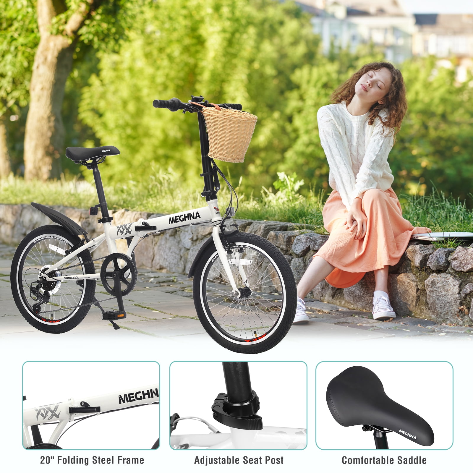 Ambifirner 20 Inch Folding Bike with Basket 6 Speed Foldable Bike with 100% Assembled, Double V Brakes, Phone Holder & Fenders, High-Carbon Steel Frame, Non-Slip tire and Adjustable Saddle