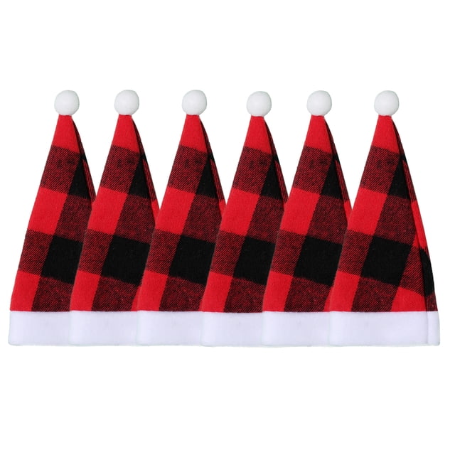 HEVIRGO 6 Pcs/Set Christmas Tableware Hat Plush Ball Plaid Print Contrast Color Triangle Shape Reusable Decorate Mini Size Party Supply Christmas Cutlery Hat Set for New Year