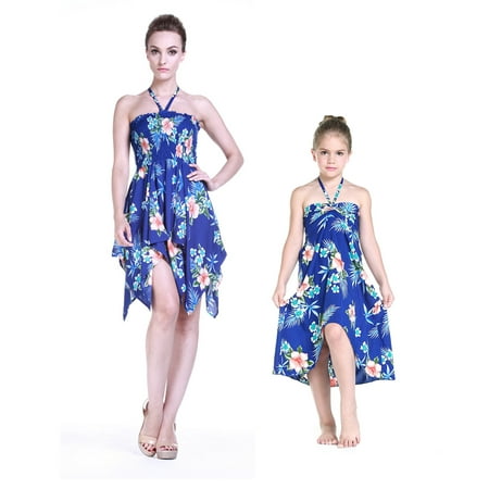 Mother & Daughter Matching Hawaii Luau Dress Girl Butterfly in Hibiscus Blue